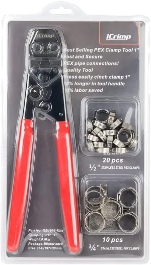 iCrimp PEX Pipe Clamp Cinch Tool Crimping Tool Crimper for Stainless Steel Clamps from 3/8-inch to 1-inch with 1/2-inch 20PCS and 3/4-inch 10PCS SS PEX Clamps