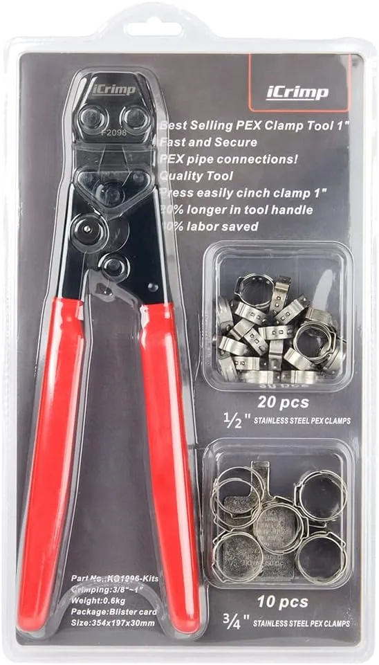 iCrimp PEX Pipe Clamp Cinch Tool Crimping Tool Crimper for Stainless Steel Clamps from 3/8-inch to 1-inch with 1/2-inch 20PCS and 3/4-inch 10PCS SS PEX Clamps