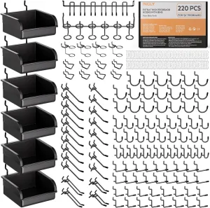 INCLY 220PCS Extra Thick 1/4" Pegboard Accessories Organizer Kit, Heavy Duty Black Pegboard Hooks with Bins and Peg Lock, Peg Board Hooks Assortment for Garage Wall Attachments Hanging Tools