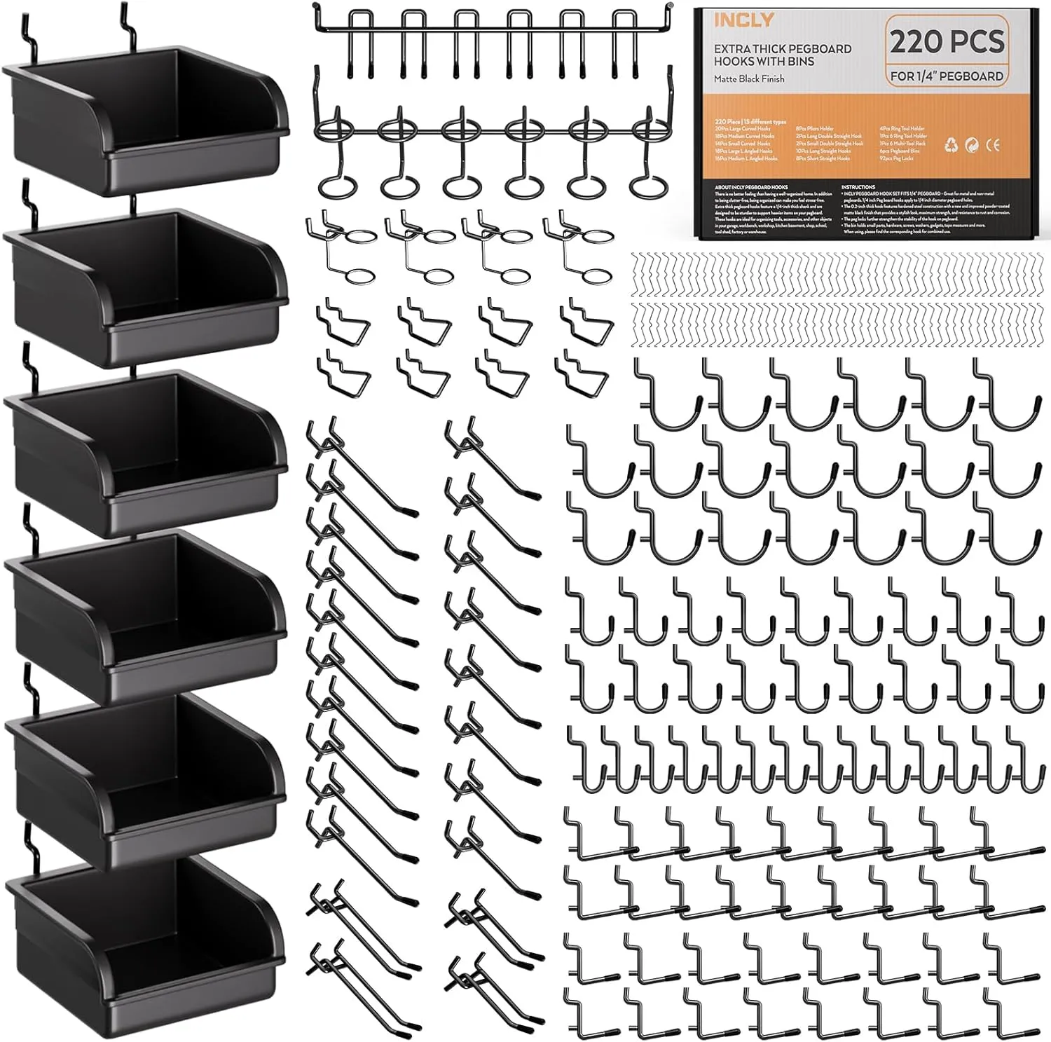 INCLY 220PCS Extra Thick 1/4" Pegboard Accessories Organizer Kit, Heavy Duty Black Pegboard Hooks with Bins and Peg Lock, Peg Board Hooks Assortment for Garage Wall Attachments Hanging Tools