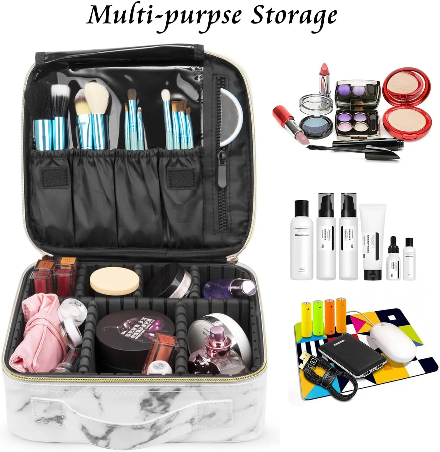 Initials Travel Makeup Train Case Birthday Mothers Day Gifts for Women, Personalized Makeup Box Organizer with Adjustable Dividers for Make up Brushes Toiletry Jewelry Digital Accessories, Marble, D.