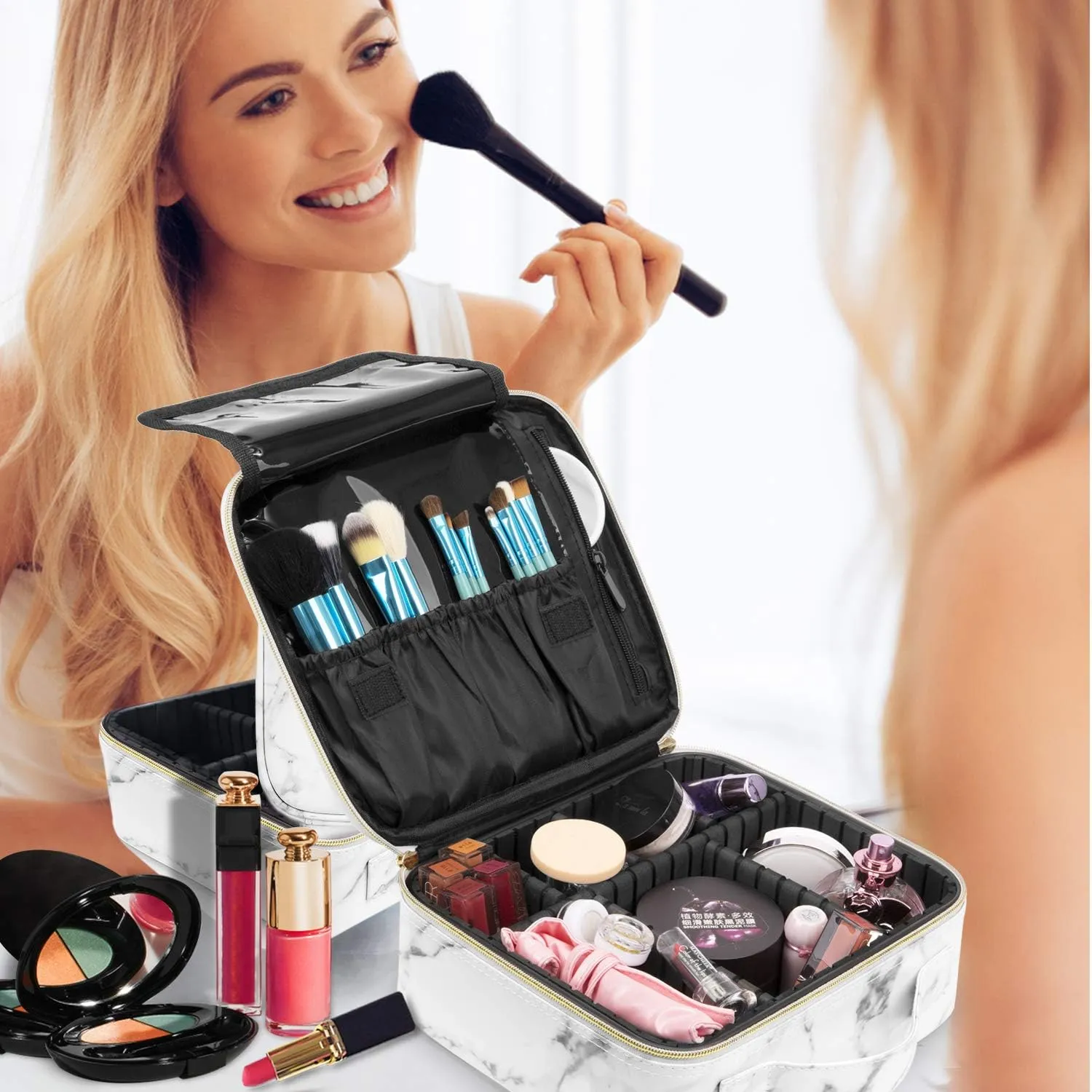 Initials Travel Makeup Train Case Birthday Mothers Day Gifts for Women, Personalized Makeup Box Organizer with Adjustable Dividers for Make up Brushes Toiletry Jewelry Digital Accessories, Marble, D.