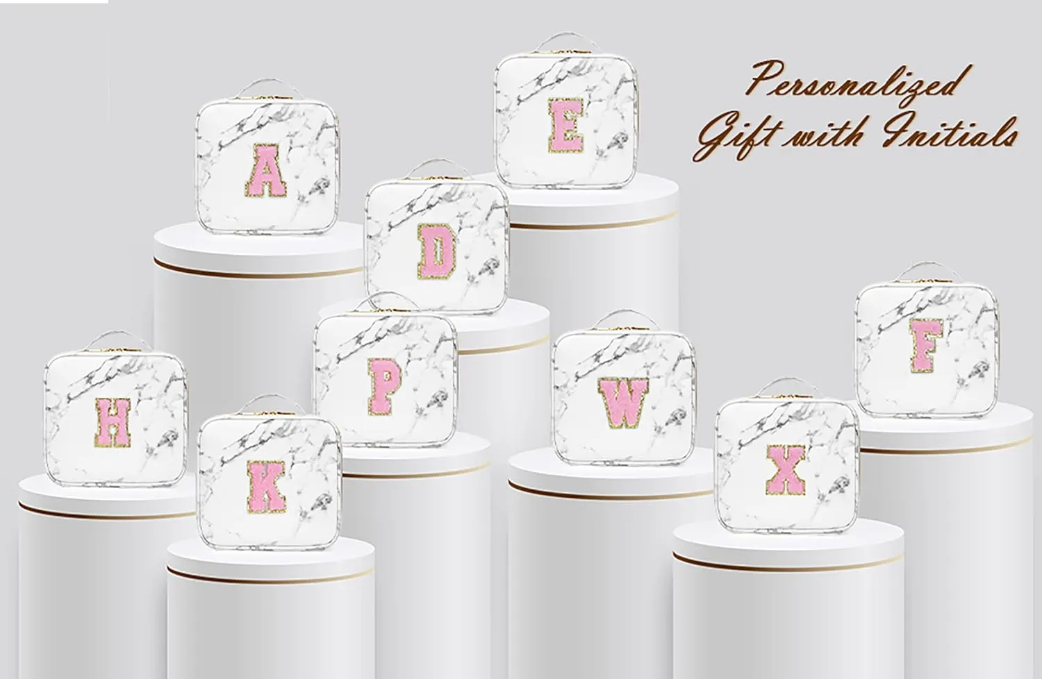 Initials Travel Makeup Train Case Birthday Mothers Day Gifts for Women, Personalized Makeup Box Organizer with Adjustable Dividers for Make up Brushes Toiletry Jewelry Digital Accessories, Marble, D.