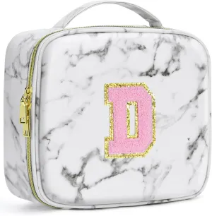 Initials Travel Makeup Train Case Birthday Mothers Day Gifts for Women, Personalized Makeup Box Organizer with Adjustable Dividers for Make up Brushes Toiletry Jewelry Digital Accessories, Marble, D.