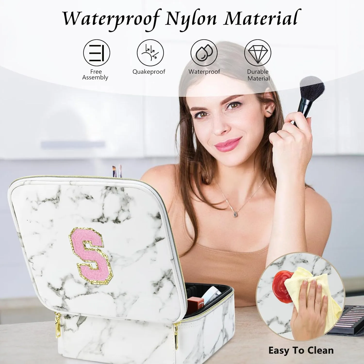 Initials Travel Makeup Train Case Birthday Mothers Day Gifts for Women, Personalized Makeup Box Organizer with Adjustable Dividers for Make up Brushes Toiletry Jewelry Digital Accessories, Marble, D.