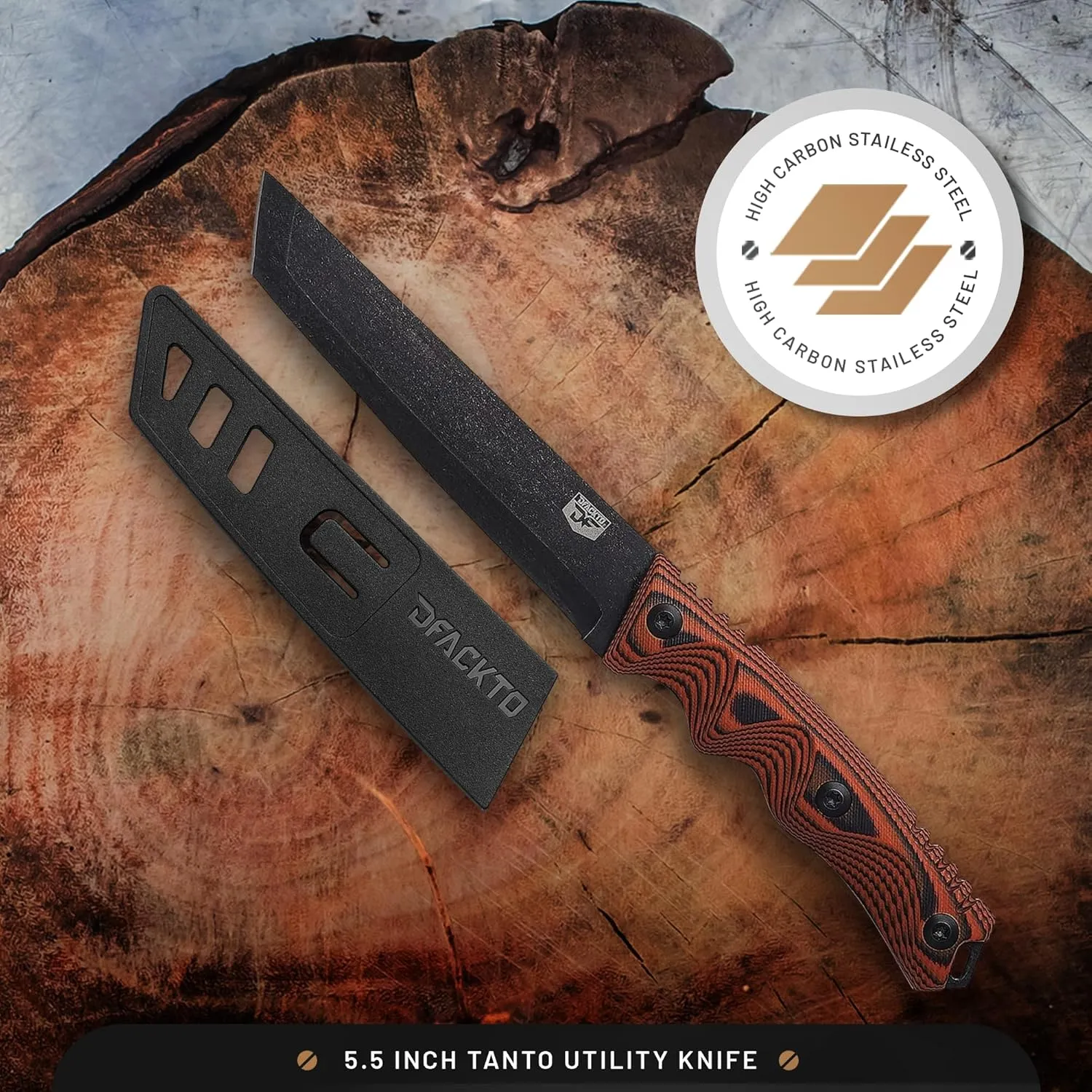 Interceptor Tanto 5.5 Inch Utility Knife – High Carbon Stainless Steel Full Tang Blade for Kitchen, Cooking, Camping & Outdoor Use – Slim Tactical Design w/ G10 Handle - Orange