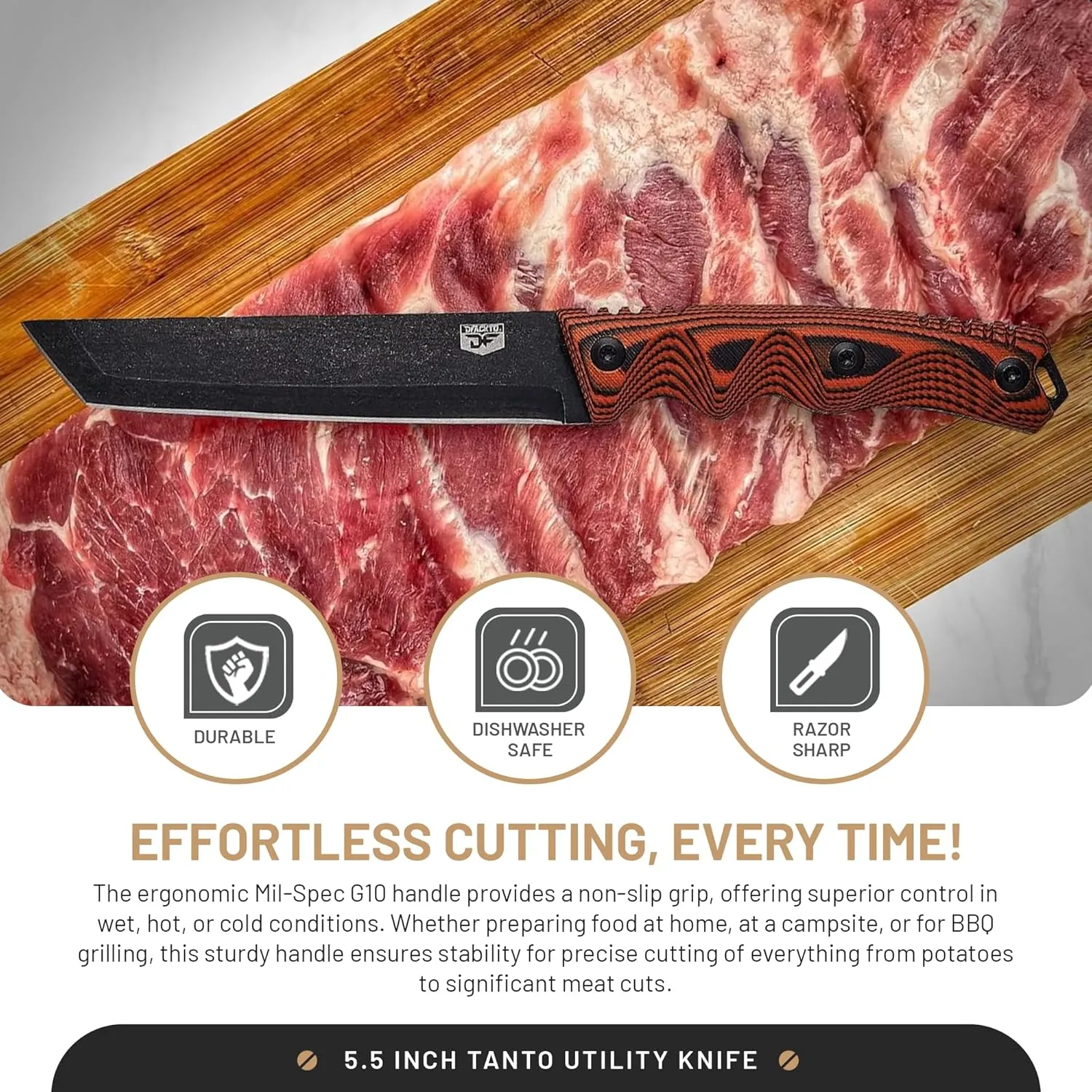 Interceptor Tanto 5.5 Inch Utility Knife – High Carbon Stainless Steel Full Tang Blade for Kitchen, Cooking, Camping & Outdoor Use – Slim Tactical Design w/ G10 Handle - Orange