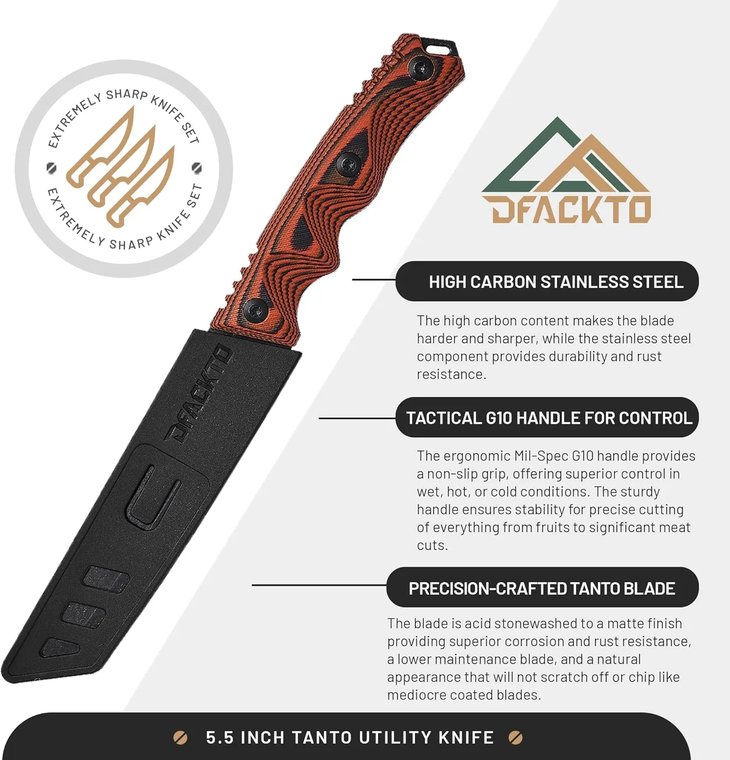 Interceptor Tanto 5.5 Inch Utility Knife – High Carbon Stainless Steel Full Tang Blade for Kitchen, Cooking, Camping & Outdoor Use – Slim Tactical Design w/ G10 Handle - Orange