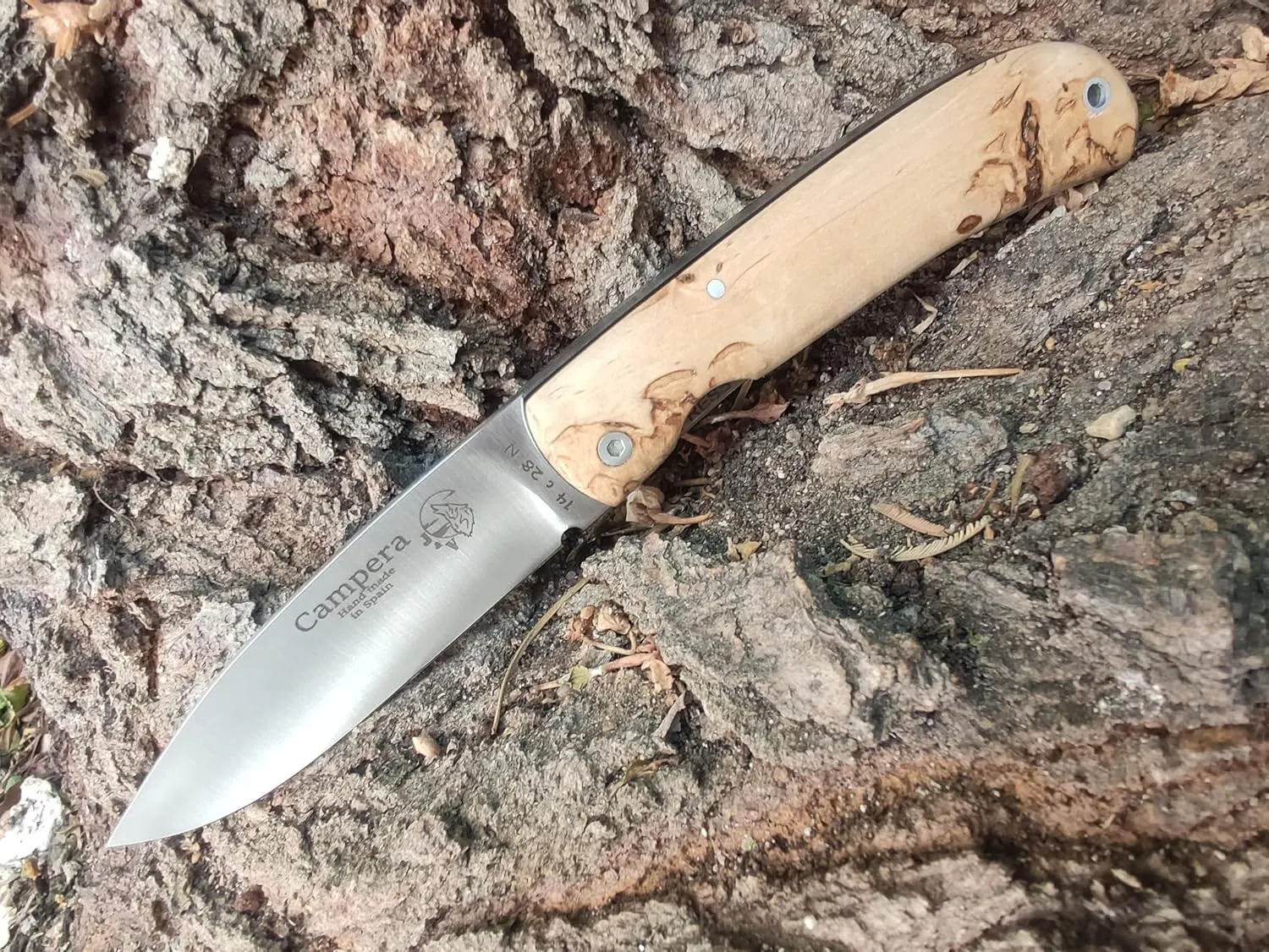 J&V CAMPERA Curly Birch Handles Folding Knife for Bushcraft, Camping, Hunting, Fishing and Outdoor Activities, 3.4" Stainless Steel Sandvik, EDC Gear and Equipment, Handmade in Spain