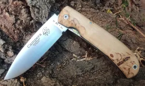 J&V CAMPERA Curly Birch Handles Folding Knife for Bushcraft, Camping, Hunting, Fishing and Outdoor Activities, 3.4" Stainless Steel Sandvik, EDC Gear and Equipment, Handmade in Spain