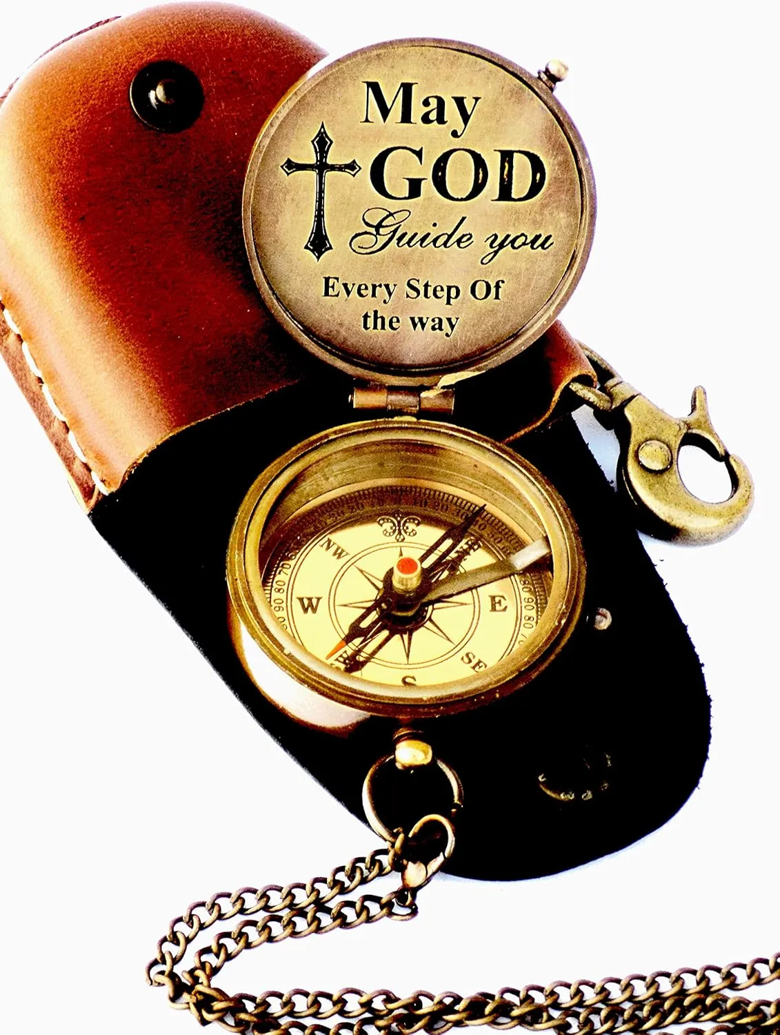 JD'Z COLLECTION Pocket Compass with Laether case - Antique Brass Nautical Decor Engraved Compass Baptism Gift Compass Confirmation Gifts Handmade Brass Compass