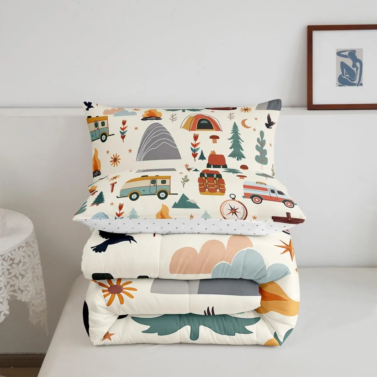 jejeloiu Happy Camping Comforter Set for Kids Boys Girls Toddler Size Travel Bag Tent Compass Print Bedding Set Ultra Soft Outdoor Travel Duvet Quilt Camping Gifts Comforter Travel Trailers Themed
