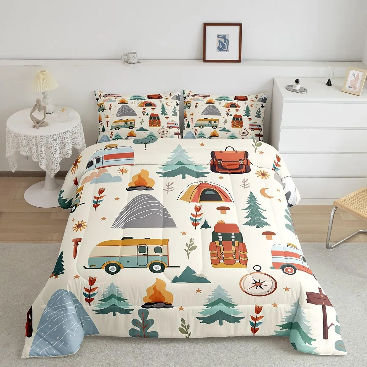 jejeloiu Happy Camping Comforter Set for Kids Boys Girls Toddler Size Travel Bag Tent Compass Print Bedding Set Ultra Soft Outdoor Travel Duvet Quilt Camping Gifts Comforter Travel Trailers Themed