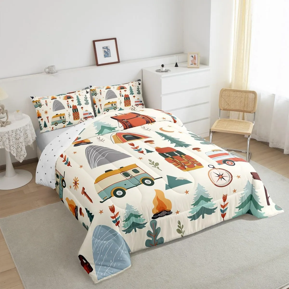 jejeloiu Happy Camping Comforter Set for Kids Boys Girls Toddler Size Travel Bag Tent Compass Print Bedding Set Ultra Soft Outdoor Travel Duvet Quilt Camping Gifts Comforter Travel Trailers Themed