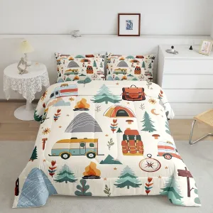 jejeloiu Happy Camping Comforter Set for Kids Boys Girls Toddler Size Travel Bag Tent Compass Print Bedding Set Ultra Soft Outdoor Travel Duvet Quilt Camping Gifts Comforter Travel Trailers Themed