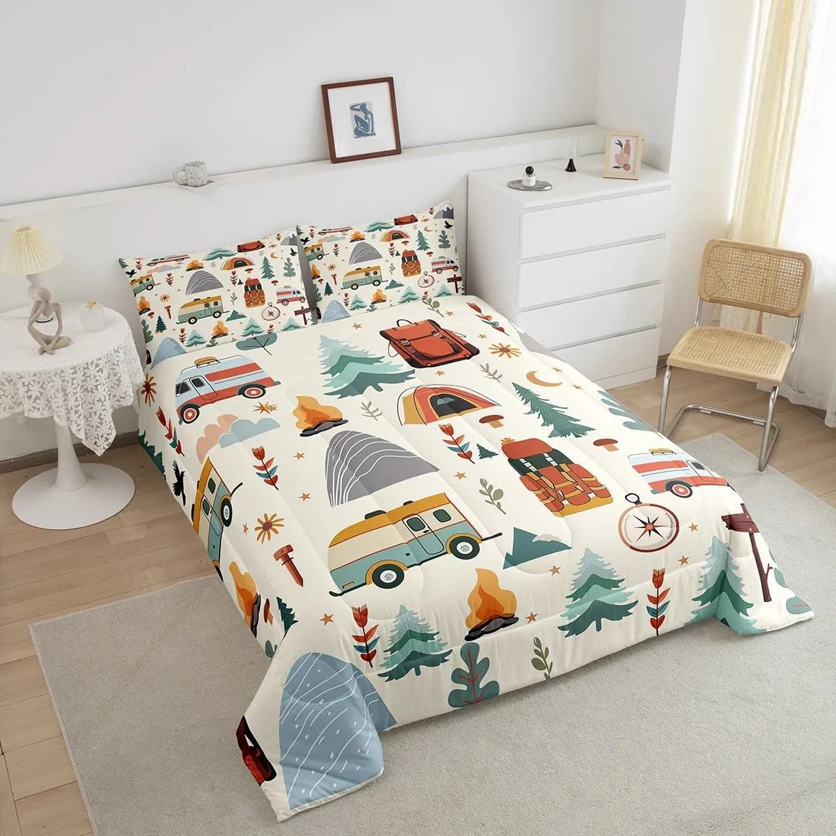 jejeloiu Happy Camping Comforter Set for Kids Boys Girls Toddler Size Travel Bag Tent Compass Print Bedding Set Ultra Soft Outdoor Travel Duvet Quilt Camping Gifts Comforter Travel Trailers Themed