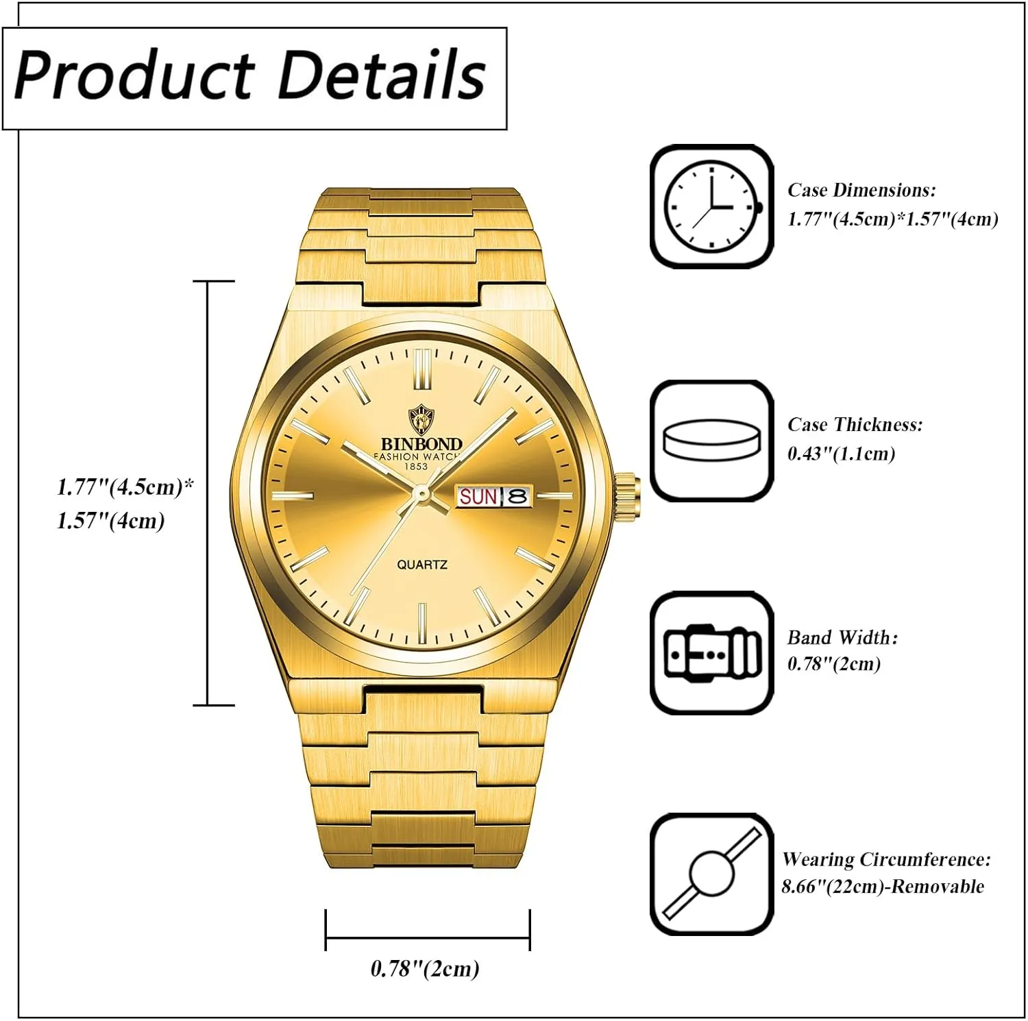 JewelryWe Men Casual Business Watch: Gold Stainless Steel Waterproof Quartz Analog Luminous Hands Day Date Display Adjustable Solid Band Wristwatch