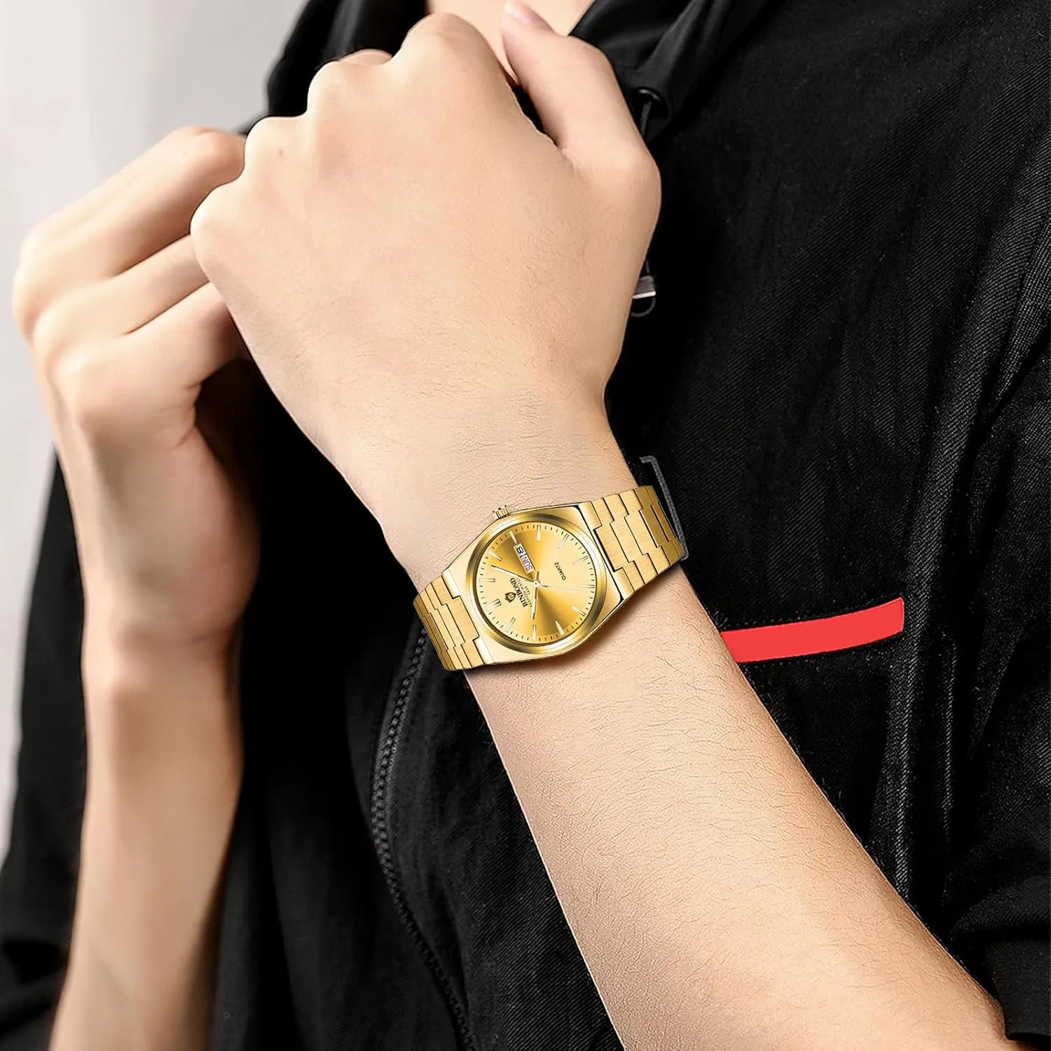 JewelryWe Men Casual Business Watch: Gold Stainless Steel Waterproof Quartz Analog Luminous Hands Day Date Display Adjustable Solid Band Wristwatch