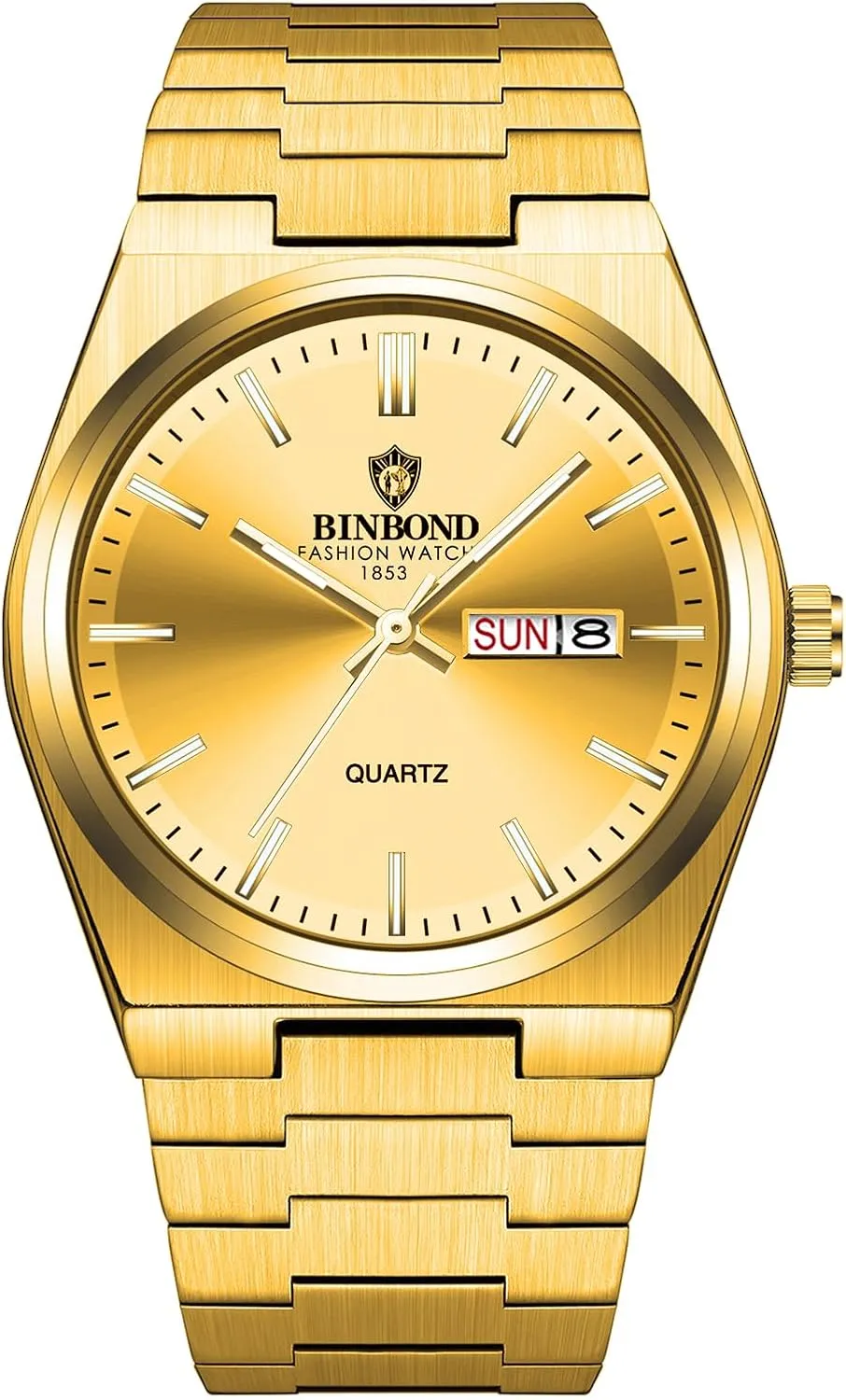 JewelryWe Men Casual Business Watch: Gold Stainless Steel Waterproof Quartz Analog Luminous Hands Day Date Display Adjustable Solid Band Wristwatch