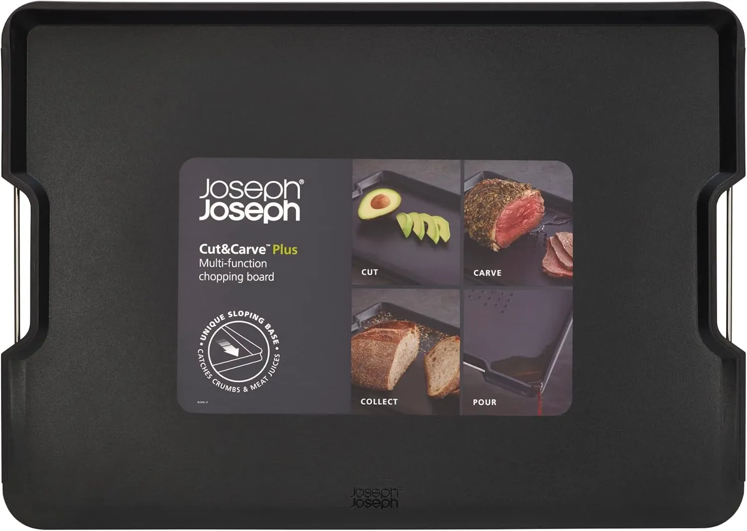 Joseph Joseph Cut&Carve Plus - Non-Slip, Multi-Function, Double-Sided Cutting Board for Food Preparation and Carving- Dishwasher Safe, Large – Black