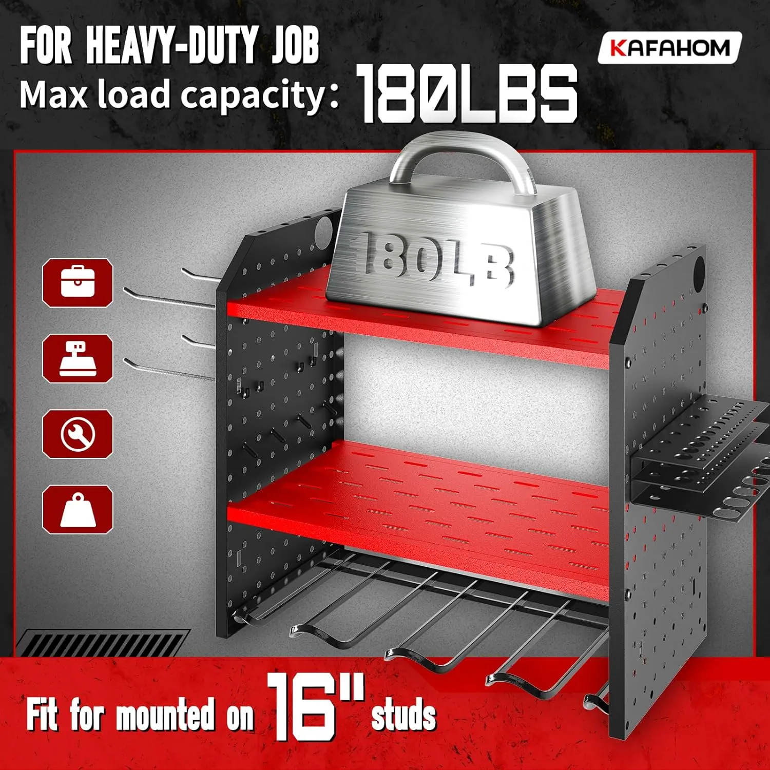KAFAHOM Power Tool Organizer for Tool Storage, Drill Holder Wall Mount With 2 Side Pegboards, Metal Tool Shelf with 12 Hooks, Tool Organizers Storage Rack, Utility Cordless Drill Rack Red