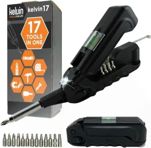 Kelvin Tools - Kelvin 17 Urban Screwdriver Set, All in One Everyday Multitool Screwdriver, Multi-Tip, Compact & Universal Precision, 13 Bit Set with Tape Measure, Liquid Level, Hammer and Flashlight