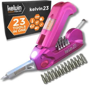 Kelvin Tools Kelvin 23 Urban Multi Tool Screwdriver Set All in One with 16 Bit Set, Tape Measure, Liquid Level, Hammer, Flashlight Multibit Pocket Screwdriver, Universal Precision Screwdriver - Pink