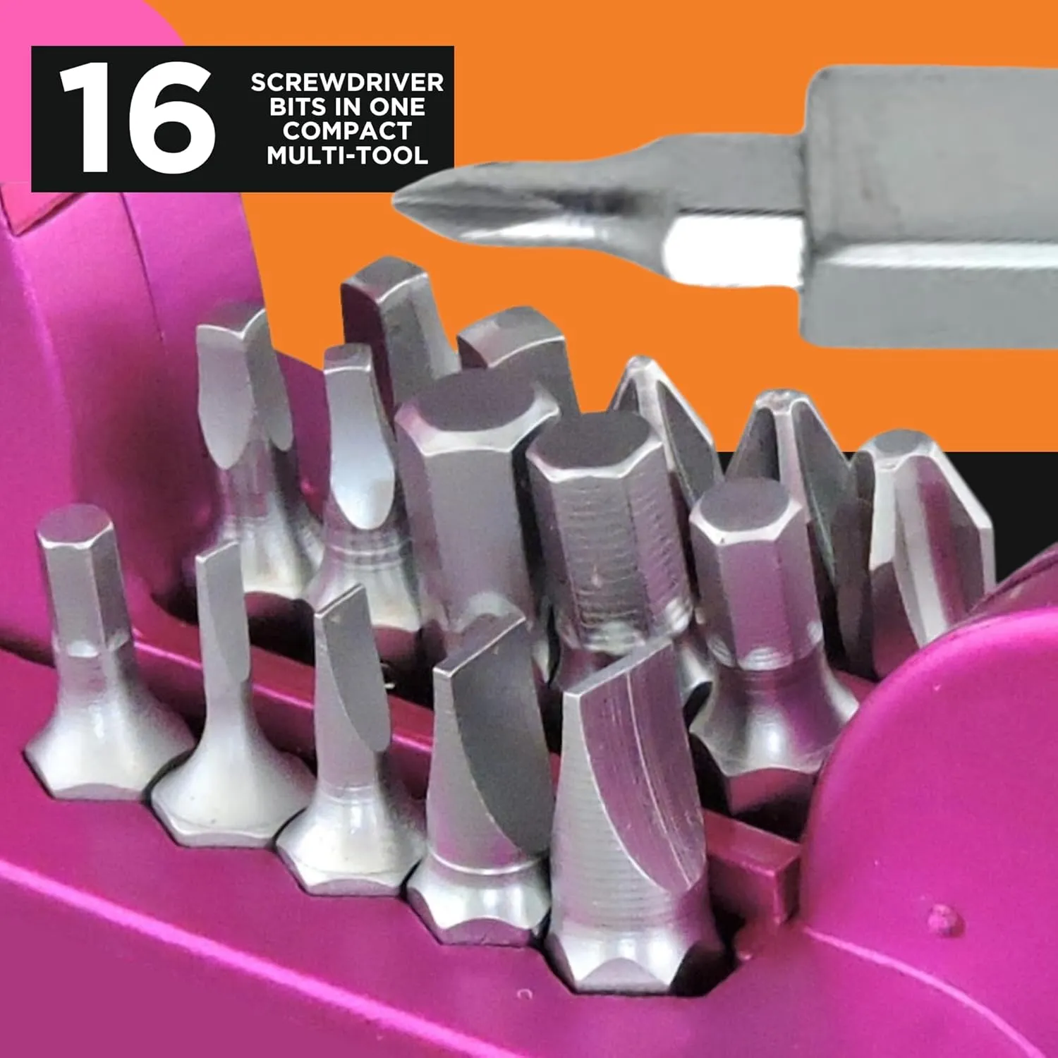 Kelvin Tools Kelvin 23 Urban Multi Tool Screwdriver Set All in One with 16 Bit Set, Tape Measure, Liquid Level, Hammer, Flashlight Multibit Pocket Screwdriver, Universal Precision Screwdriver - Pink
