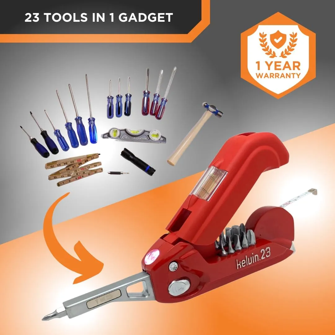 Kelvin Tools Kelvin 23 Urban Multi Tool Screwdriver Set All in One with 16 Bit Set, Tape Measure, Liquid Level, Hammer, Flashlight Multibit Pocket Screwdriver, Universal Precision Screwdriver - Pink