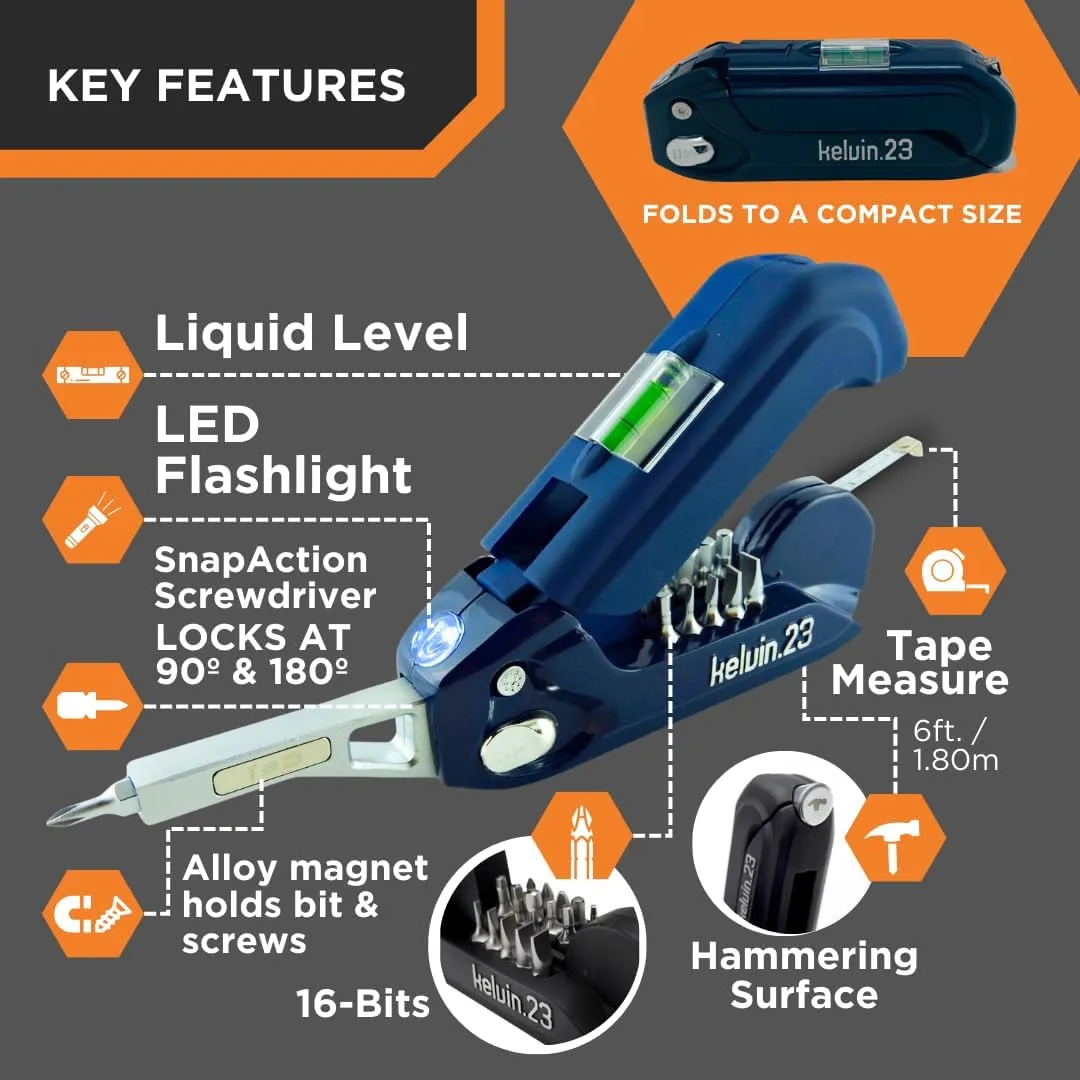 Kelvin Tools Kelvin 23 Urban Multi Tool Screwdriver Set All in One with 16 Bit Set, Tape Measure, Liquid Level, Hammer, Flashlight Multibit Pocket Screwdriver, Universal Precision Screwdriver - Pink