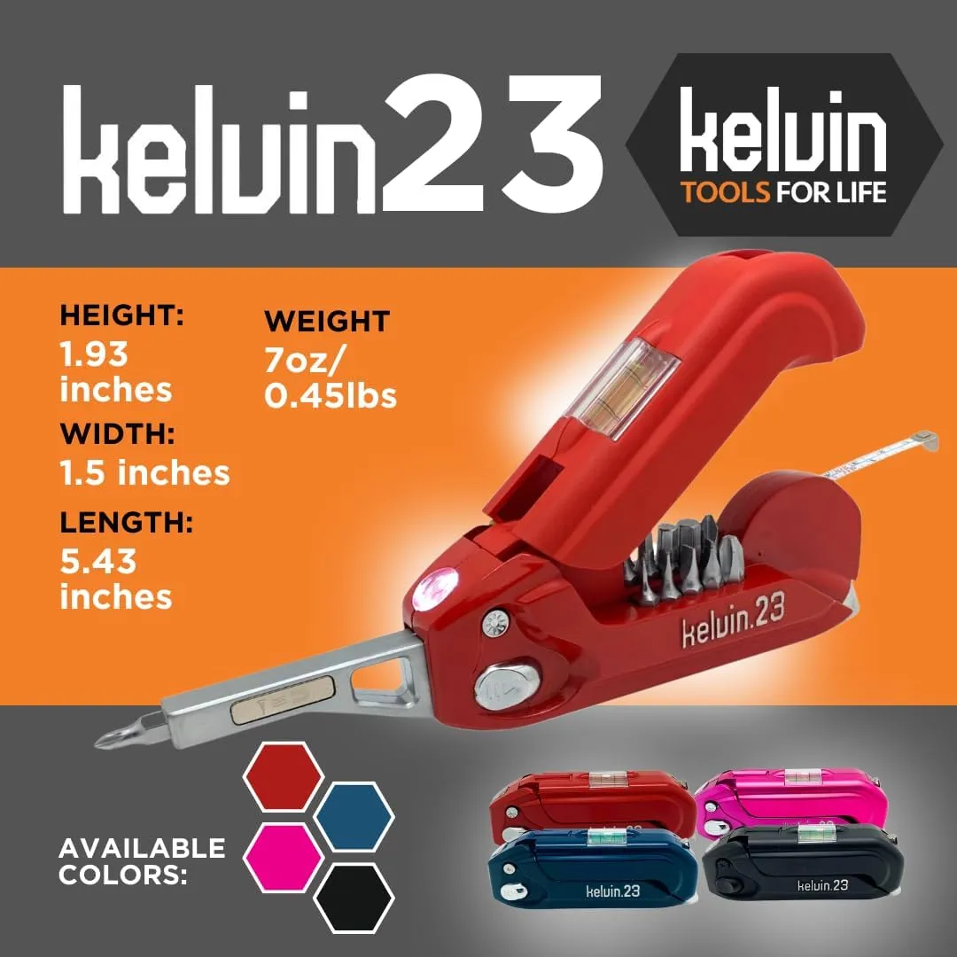 Kelvin Tools Kelvin 23 Urban Multi Tool Screwdriver Set All in One with 16 Bit Set, Tape Measure, Liquid Level, Hammer, Flashlight Multibit Pocket Screwdriver, Universal Precision Screwdriver - Pink