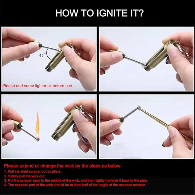 Keychain Matchstick Fire Starters, Waterproof Permanent Metal Match with Flint Matchstick, Portable Kerosene Refillable Lighter for Emergency Survival Gear
