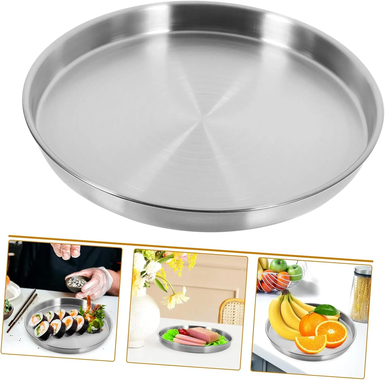 KICHOUSE Stainless Steel Round Salad Plate Versatile Metal Dinner Dish for Camping Parties Restaurants Stylish Design Easy to Clean for Grilled Meats Salads