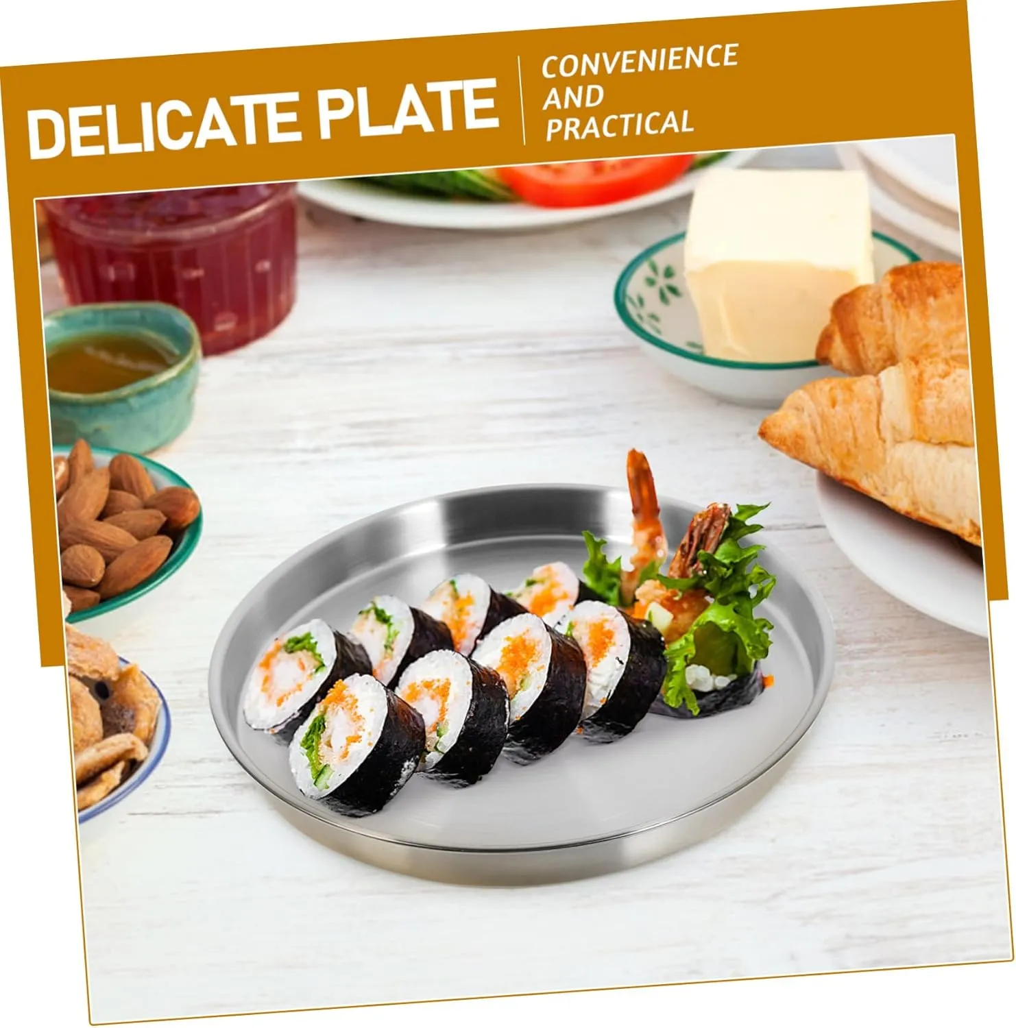 KICHOUSE Stainless Steel Round Salad Plate Versatile Metal Dinner Dish for Camping Parties Restaurants Stylish Design Easy to Clean for Grilled Meats Salads