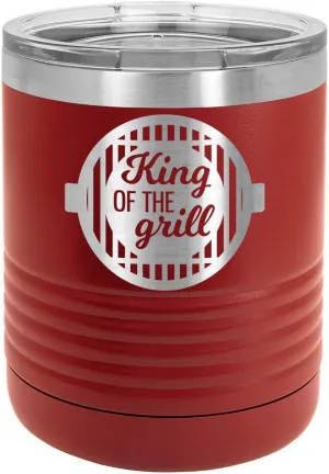 KING OF THE GRILL-B MAROON 10 oz Drink Tumbler with Lid | BBQ Quotes, Best Gift Idea | Yeti Lowball Style Stainless Steel Travel Mug | Engraved With Funny Quotes | OnlyGifts.com