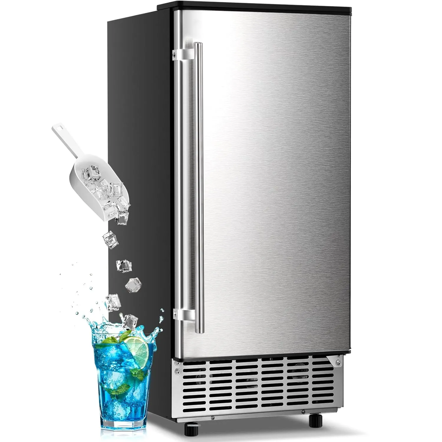 Kismile Commercial Built-in Ice Maker Machine,Reversible Door,Undercounter Ice Cube Maker with 24H Timer,80Lbs/Day,Built-in Freestanding Ice Machine for Home/Office(Silver)