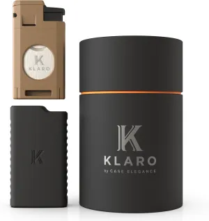 KLARO Triple Torch Lighter and Guillotine Cutter - Protective Lighter Cover, Manual Straight Cut – Coyote Brown Powder-Coated Finish – Cigar Lighter for Men