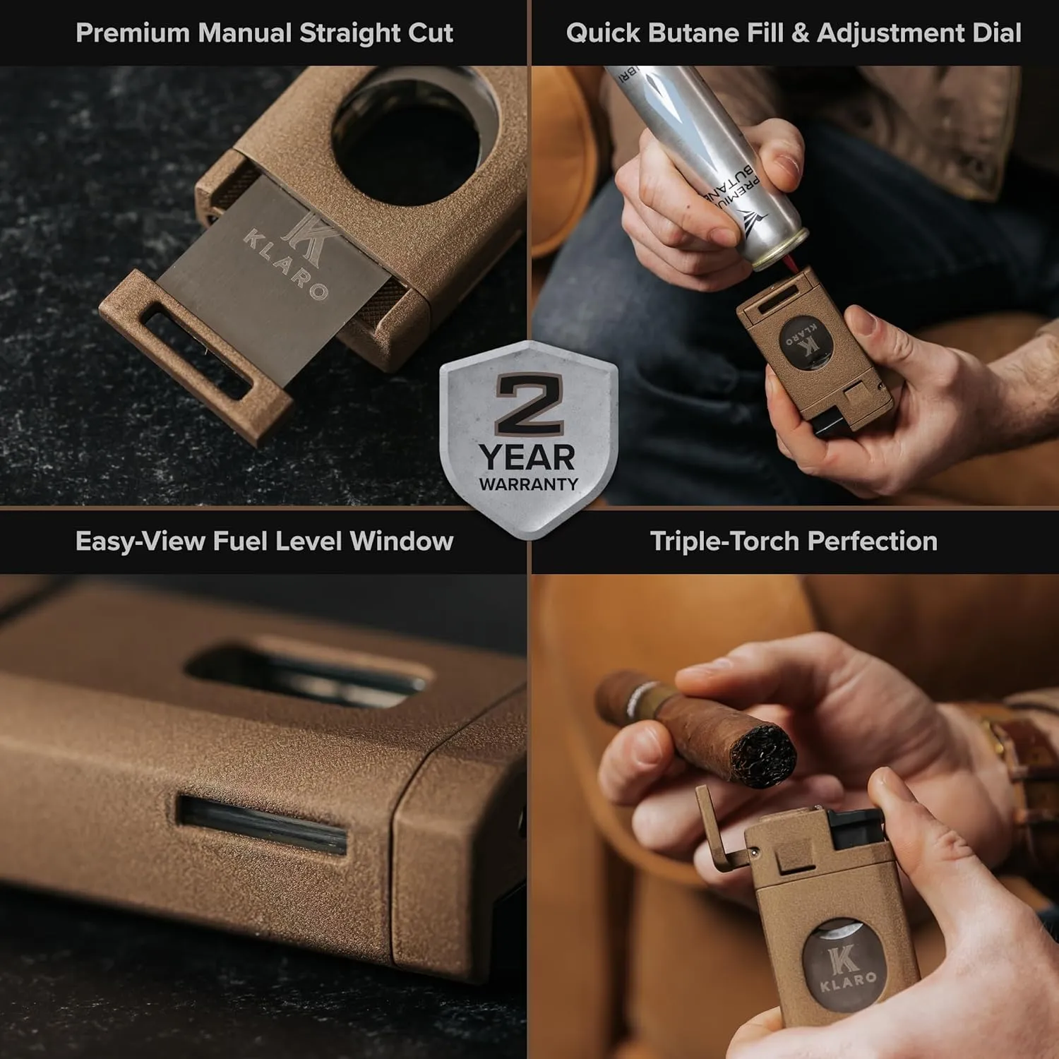 KLARO Triple Torch Lighter and Guillotine Cutter - Protective Lighter Cover, Manual Straight Cut – Coyote Brown Powder-Coated Finish – Cigar Lighter for Men