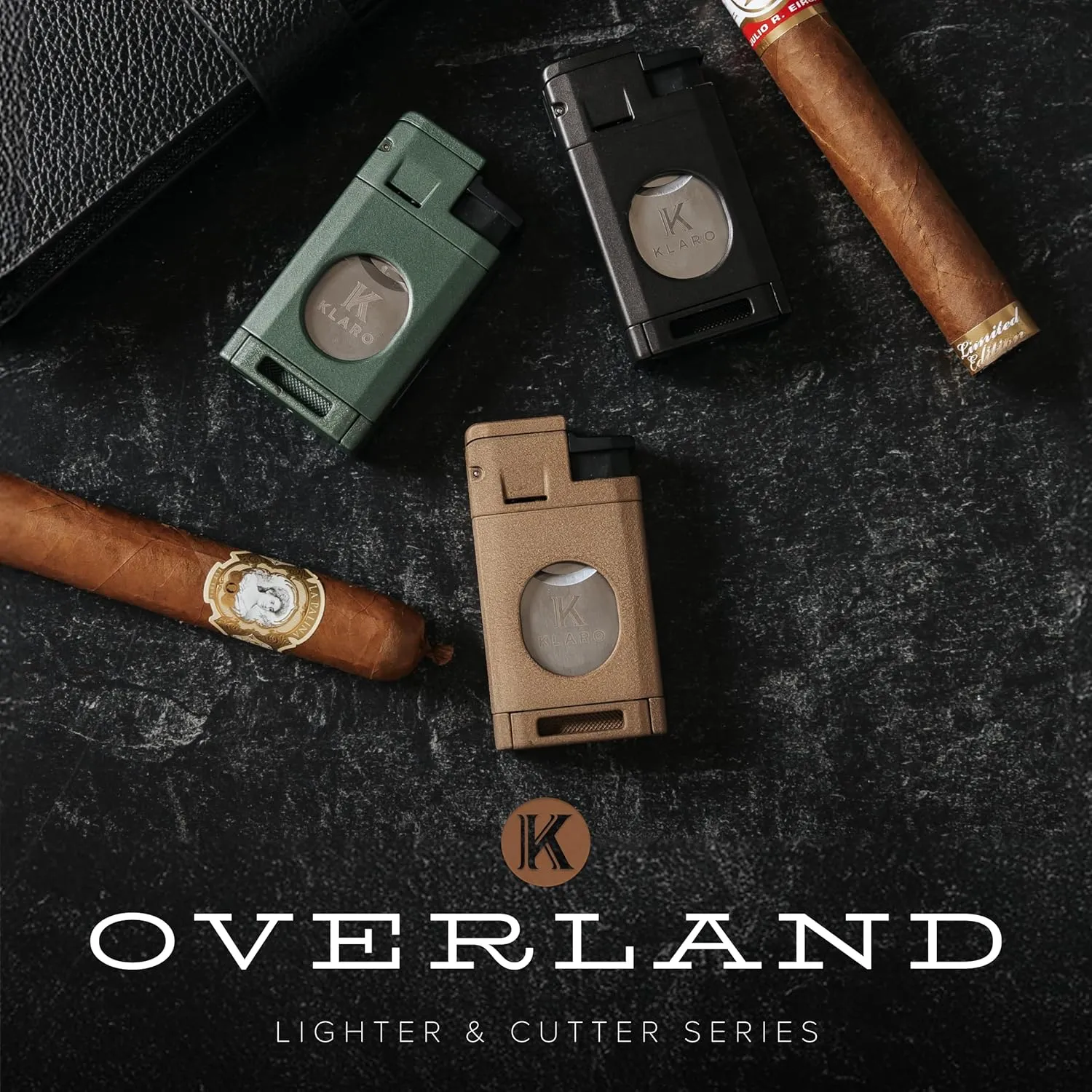 KLARO Triple Torch Lighter and Guillotine Cutter - Protective Lighter Cover, Manual Straight Cut – Coyote Brown Powder-Coated Finish – Cigar Lighter for Men
