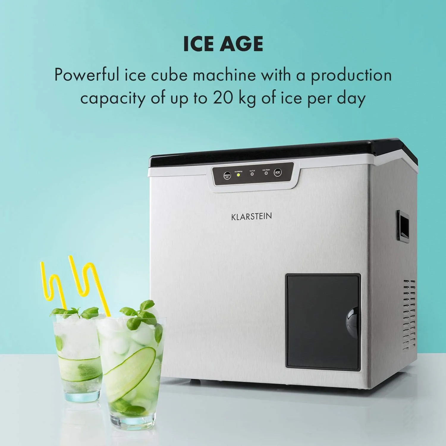 Klarstein Ice Maker for the Home, 3L Capacity, Quickly Manufactures Up to 20 kg of Crushed Ice Cubes, Ice Maker with Safety Alarm and Self-Cleaning
