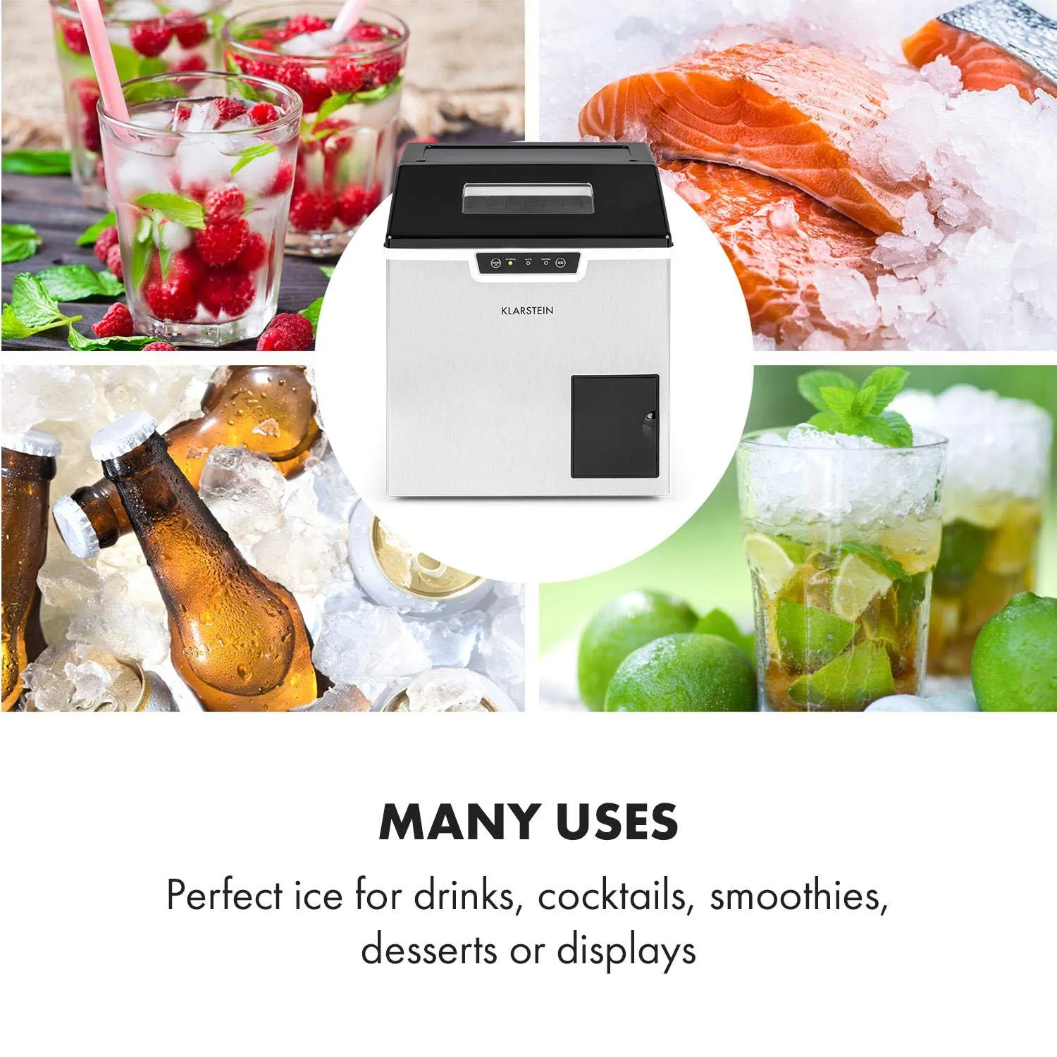 Klarstein Ice Maker for the Home, 3L Capacity, Quickly Manufactures Up to 20 kg of Crushed Ice Cubes, Ice Maker with Safety Alarm and Self-Cleaning
