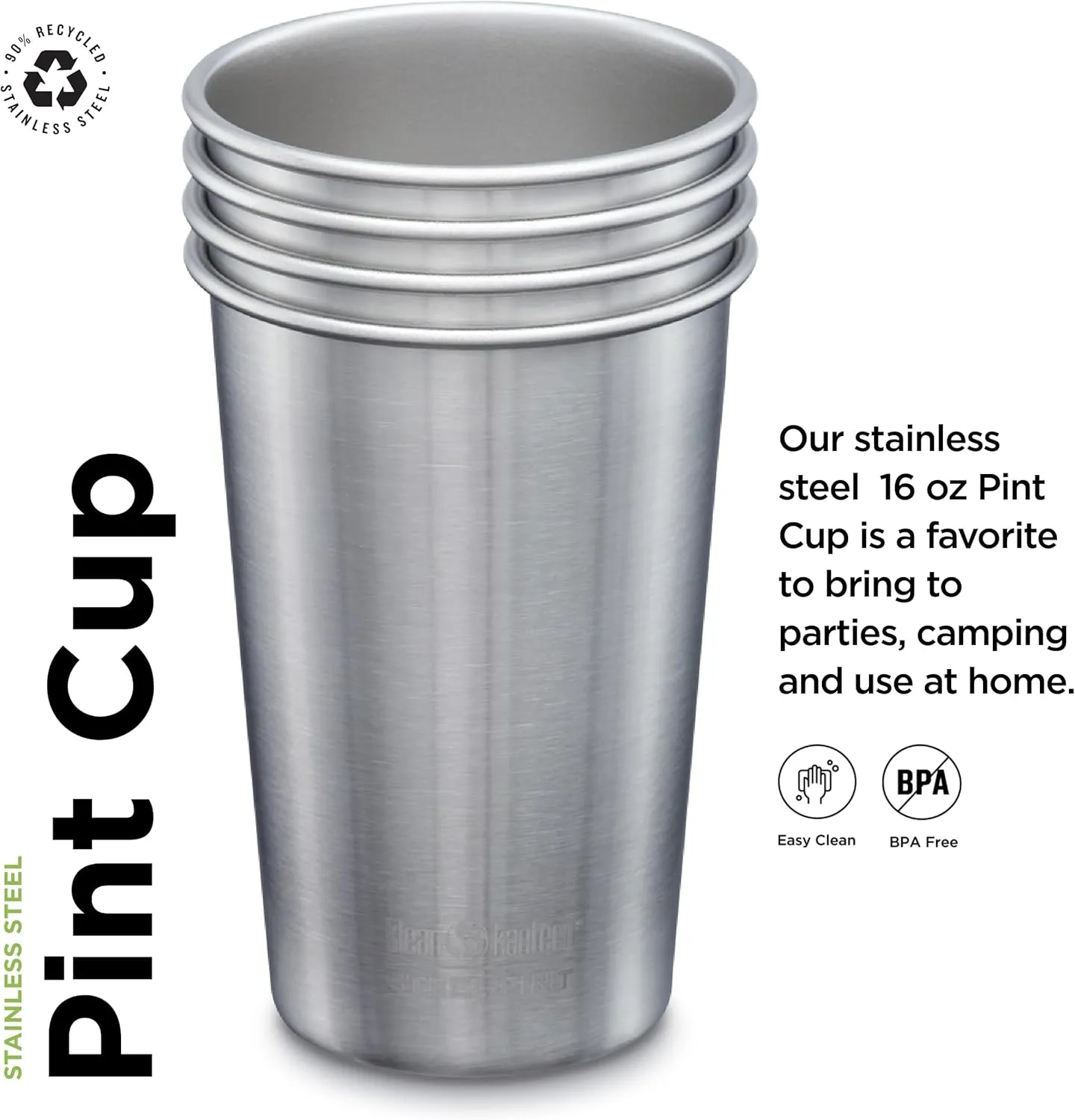 Klean Kanteen Single Wall Stainless Steel Cups, Pint Glasses 4 Pack in 16oz