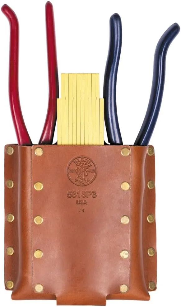 Klein Tools 5818P3 3-Pocket Leather Tool Holder, Compact Riveted Pouch for Pliers, Cutters, Measuring Tools, Tunnel Loop, Fits 3-Inch Belts