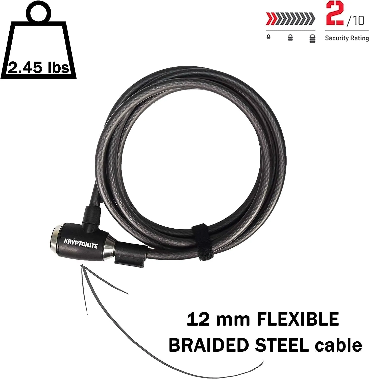 Kryptonite KryptoFlex Bike Lock Cable, 2FT/6FT/10FT Long 12mm Thick Heavy Duty Braided Steel Cable Anti-Theft Security Lock for Outdoor Equipment, Combination/Key Bike Lock