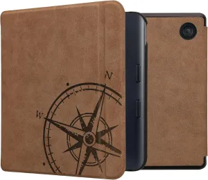 kwmobile Case Compatible with Kobo Libra Colour - Faux Suede Cover - Navigational Compass Brown