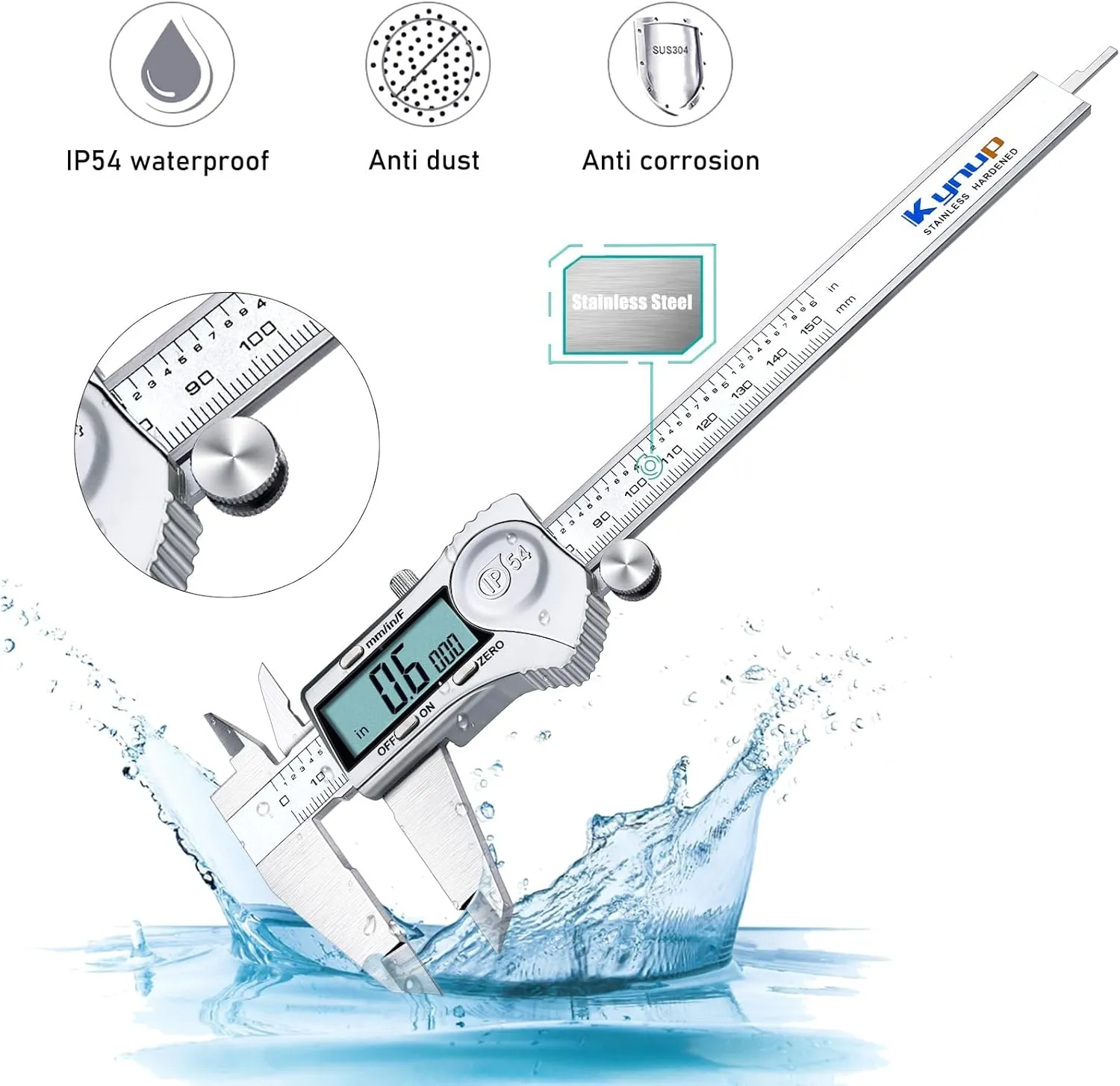 Kynup Digital Caliper, Calipers 6 Inch Measuring Tool with Stainless Steel, IP54 Splash Proof Protection Design, Easy Switch from Inch Metric Fraction, Large LCD Screen (150mm)