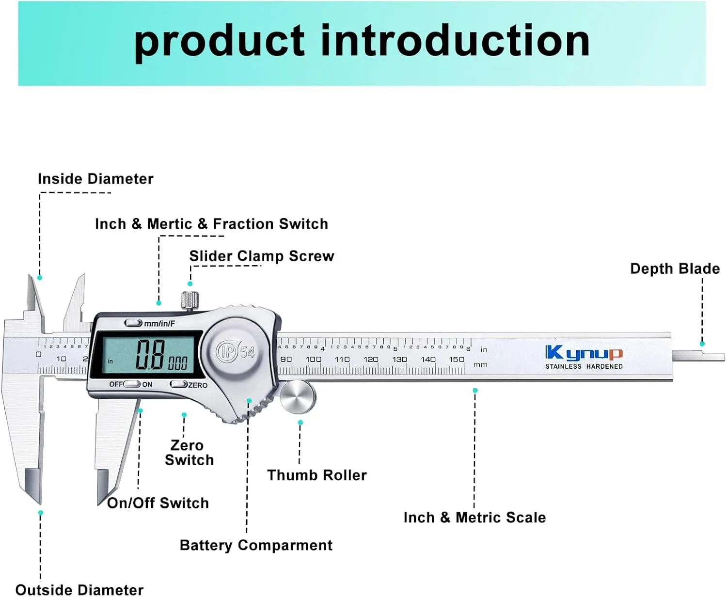 Kynup Digital Caliper, Calipers 6 Inch Measuring Tool with Stainless Steel, IP54 Splash Proof Protection Design, Easy Switch from Inch Metric Fraction, Large LCD Screen (150mm)
