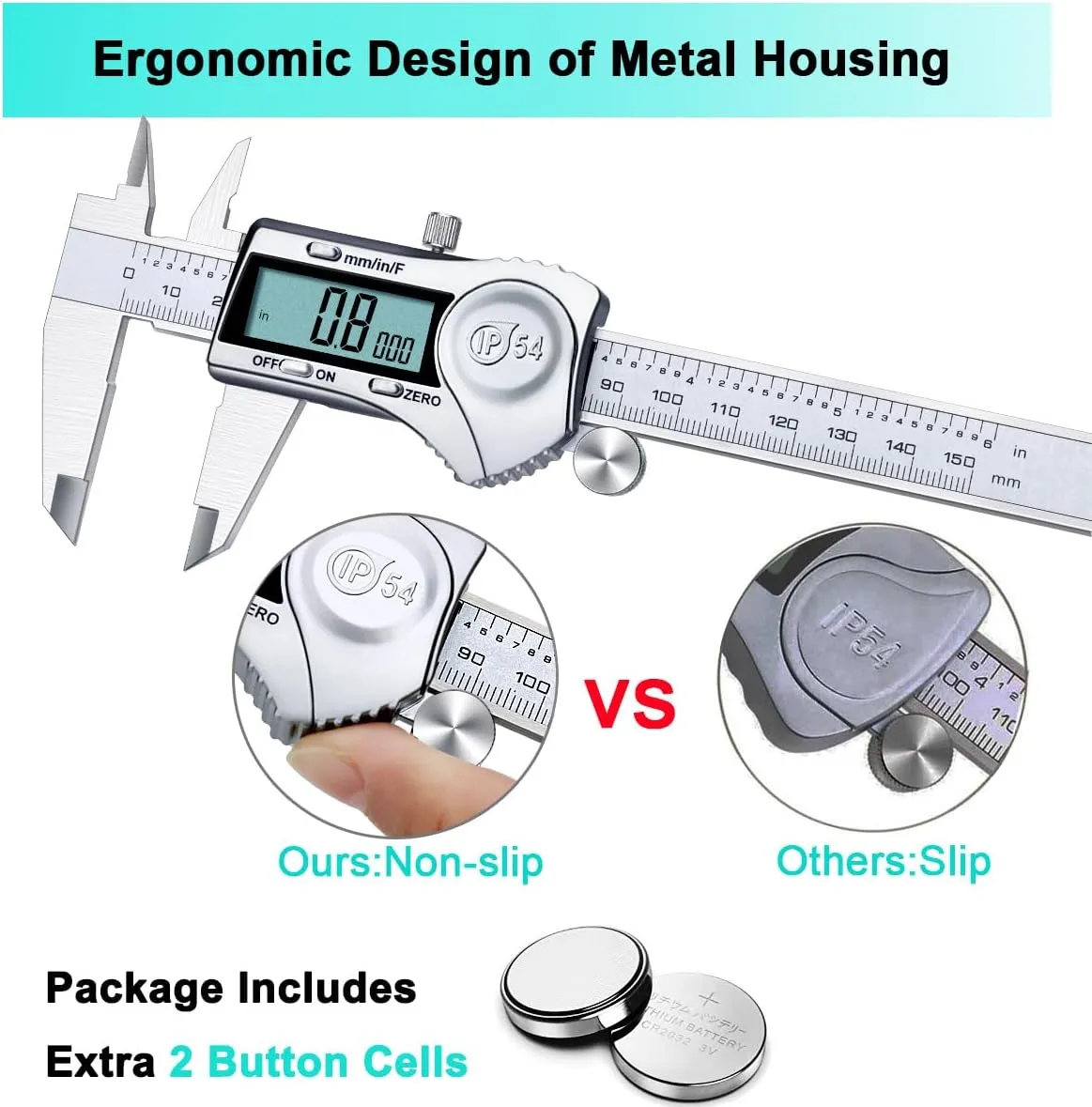 Kynup Digital Caliper, Calipers 6 Inch Measuring Tool with Stainless Steel, IP54 Splash Proof Protection Design, Easy Switch from Inch Metric Fraction, Large LCD Screen (150mm)