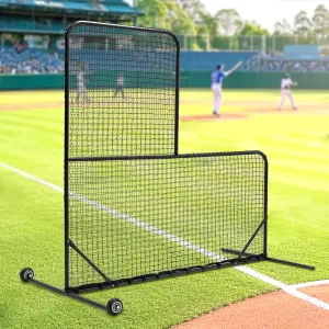 L-Shaped Baseball/Softball Pitching Net with Wheels & Carry Bag - 84" H x 84" W, 42"x42" Cutouts - Portable Batting Cage Screen for Youth Leagues, Backyard Training