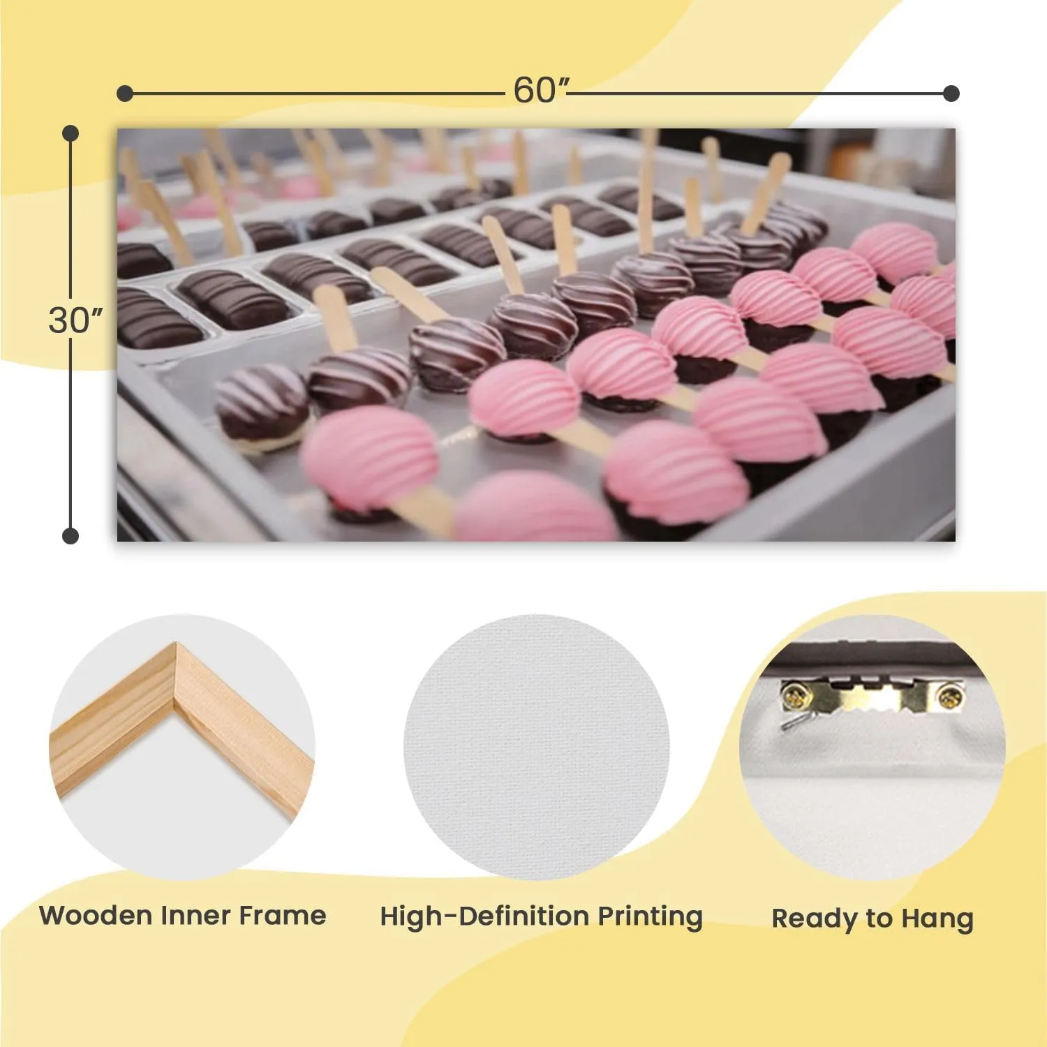 Large Canvas Wall Art strawberry chocolate ice cream shaped dessert metal tray cake Wooden Framed Artwork Easy to Hang Wall Decor for Living Room Bedroom Office 30 x 60 inch